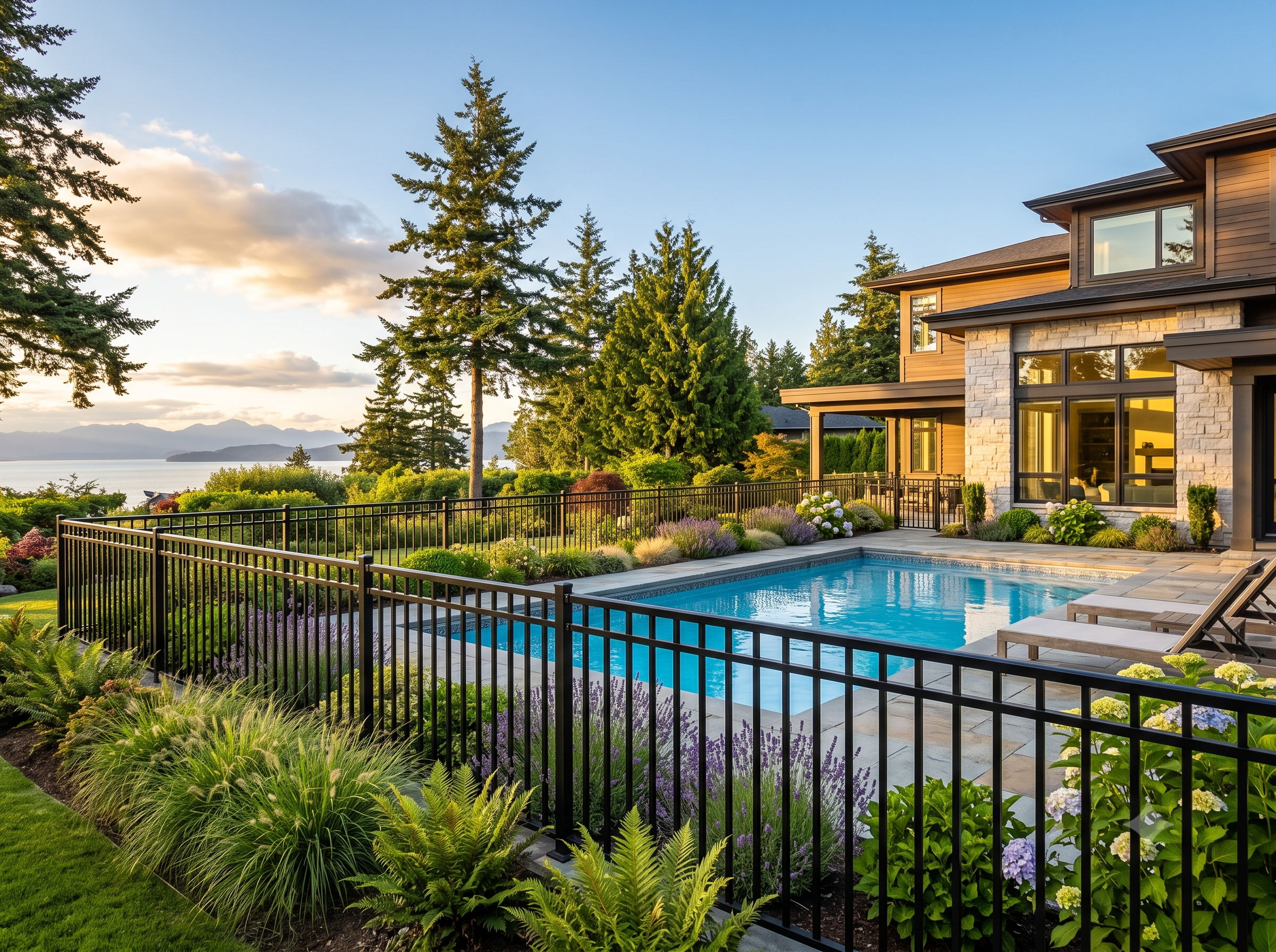 Aluminum fence installation in Victoria BC around a landscaped garden