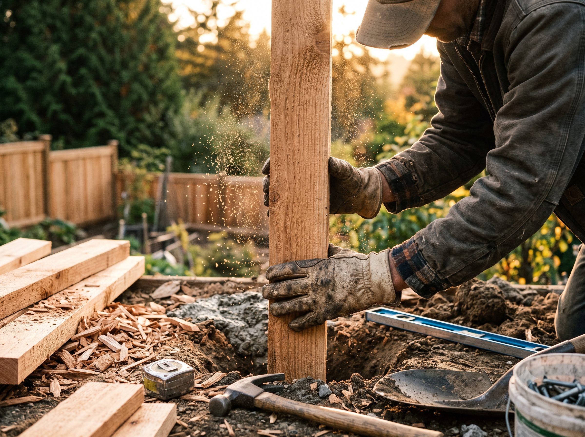 Fence installer setting a cedar post — professional fence installation in Victoria BC